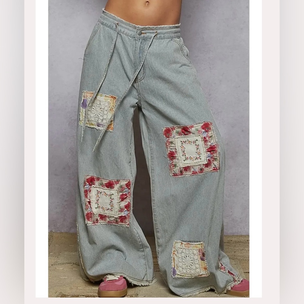 POL Gray Striped Flare Jeans